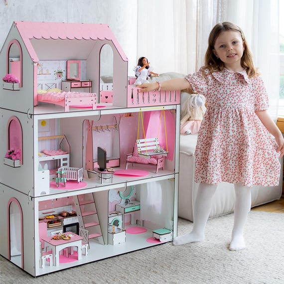 Pink Wooden Dollhouse: Handmade 5-room With Mini Furniture - Etsy