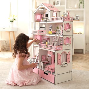 Wooden dollhouse , three-story doll house , modern doll house , doll house with furniture , full kit dollhouse , DIY doll house