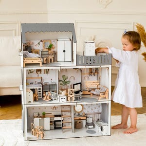 Customizable Wooden Dolls House for Kids with Furnitures, Tiny Wood Playhouse for Girls, Montessori Doll House, Modern Tiny Toy House