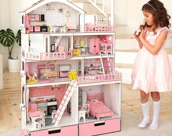 Three-Story Wooden Dollhouse with Furniture  Modern DIY Full Kit for Creative Play