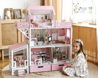 Wooden Dollhouse Kit: Large Pink Design (Balcony, Terrace, DIY)