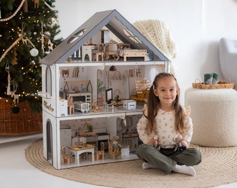 Charming White Dollhouse with Balcony and Stairs - Ideal Playhouse for Imaginative Play