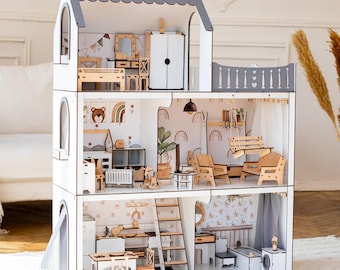 Casa de muñecas de madera para muñecas, cinco habitaciones con columpio (pintura ecológica)