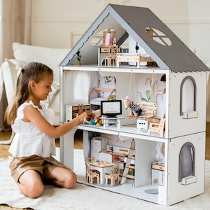 Large Wooden White Dollhouse with Loft, Swing and Balcony, Lovely Playhouse with Stairs and Ladder