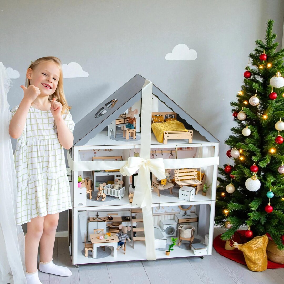 Wooden Dollhouse for Kids: White, Loft, Swing and Balcony Eco