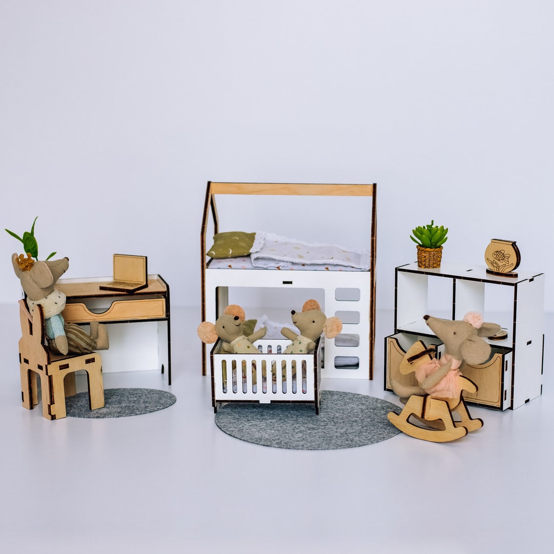 Wooden Doll House Furniture Set, Dollhouse Bedroom Set, Modern Bunk Bed for Miniature Dolls