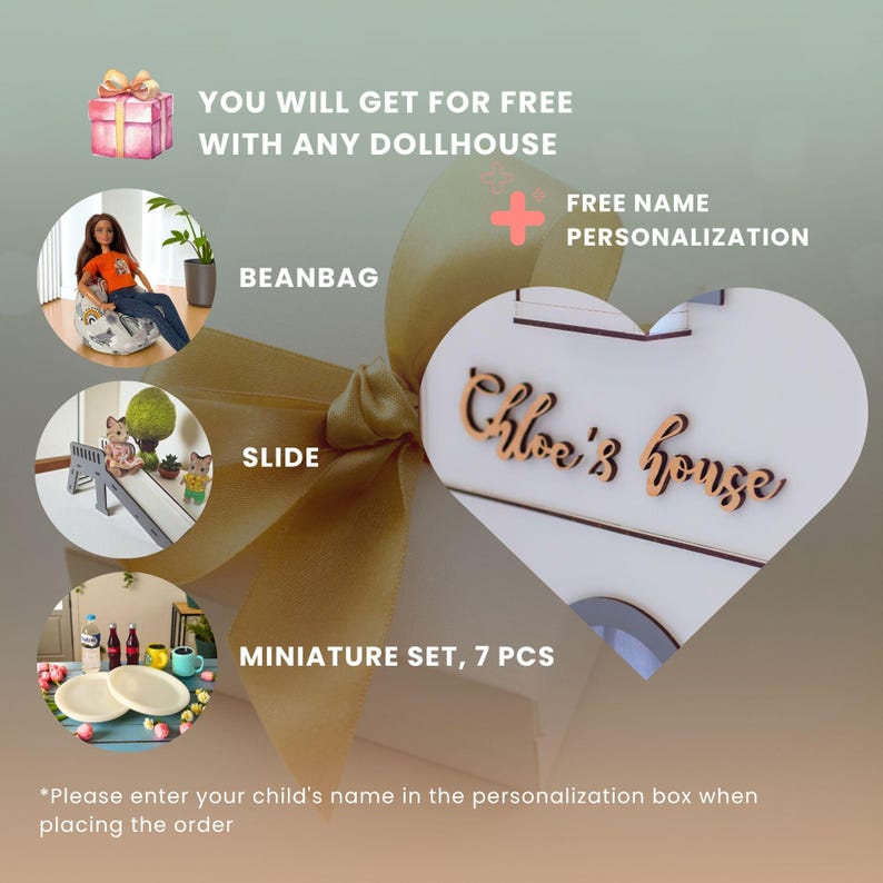The image is an advertisement for a dollhouse with various items, including a dollhouse, a beanbag, a slide, a miniature set, and a personalized name tag. The ad offers a free dollhouse with any dollhouse, a free name, and a personalized name tag.