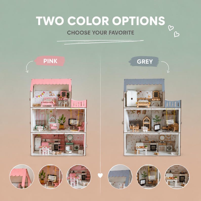 The image is a comparison of two different color options for a dollhouse, with each color represented by a pink and grey version of the dollhouse.