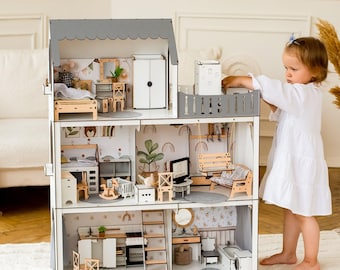 Casa de muñecas de madera personalizable para niños con muebles, casita de juegos de madera en miniatura para niñas, casa de muñecas Montessori, casita de juguetes moderna en miniatura.