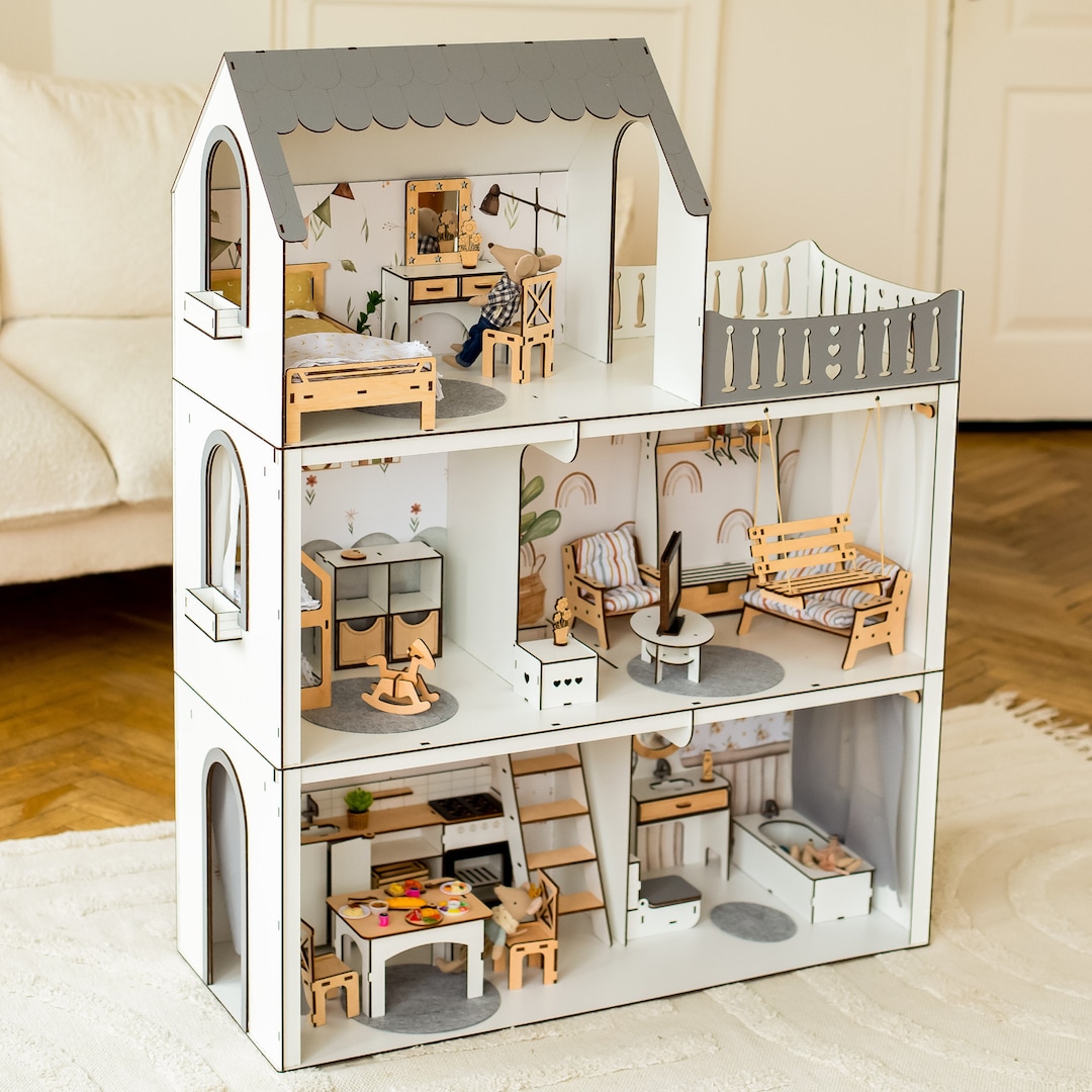 Customizable Wooden Dolls House for Kids With Furnitures, Tiny Wood ...