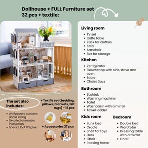 The image is a collage of various furniture items, including a dollhouse, a TV set, a coffee table, a shelf, a sofa, a box for storage, a refrigerator, a countertop with sink, stove and oven, a table, chairs, a washing machine, a toilet, a bathtub, a washing machine with a mirror, a towel ladder, a bunk bed, a double bed, a wardrobe table, a desk, a chair, a rocking horse, and a pva D3 glue.