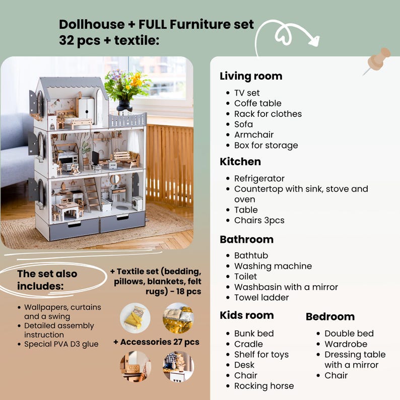 The image is a collage of various furniture items, including a dollhouse, a TV set, a coffee table, a shelf, a sofa, a box for storage, a refrigerator, a countertop with sink, stove and oven, a table, chairs, a washing machine, a toilet, a bathtub, a washing machine with a mirror, a towel ladder, a bunk bed, a double bed, a wardrobe table, a desk, a chair, a rocking horse, and a pva D3 glue.