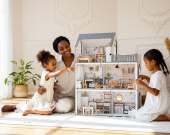 Casa de muñecas Montessori de madera para niñas, blanco y gris (5 habitaciones, pintura ecológica)