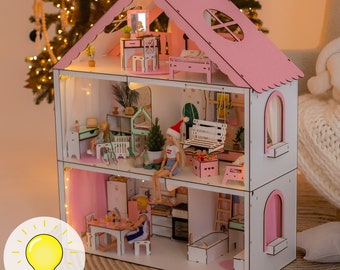 Wooden Pink Mini House Dolls House - Wooden Dollhouse for Kids with Furnitures - Perfect Tiny Wood Playhouse for Girls