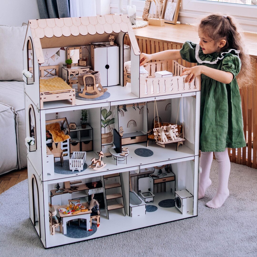 Scandi Lux Wooden Dollhouse With Furniture Kit - Etsy