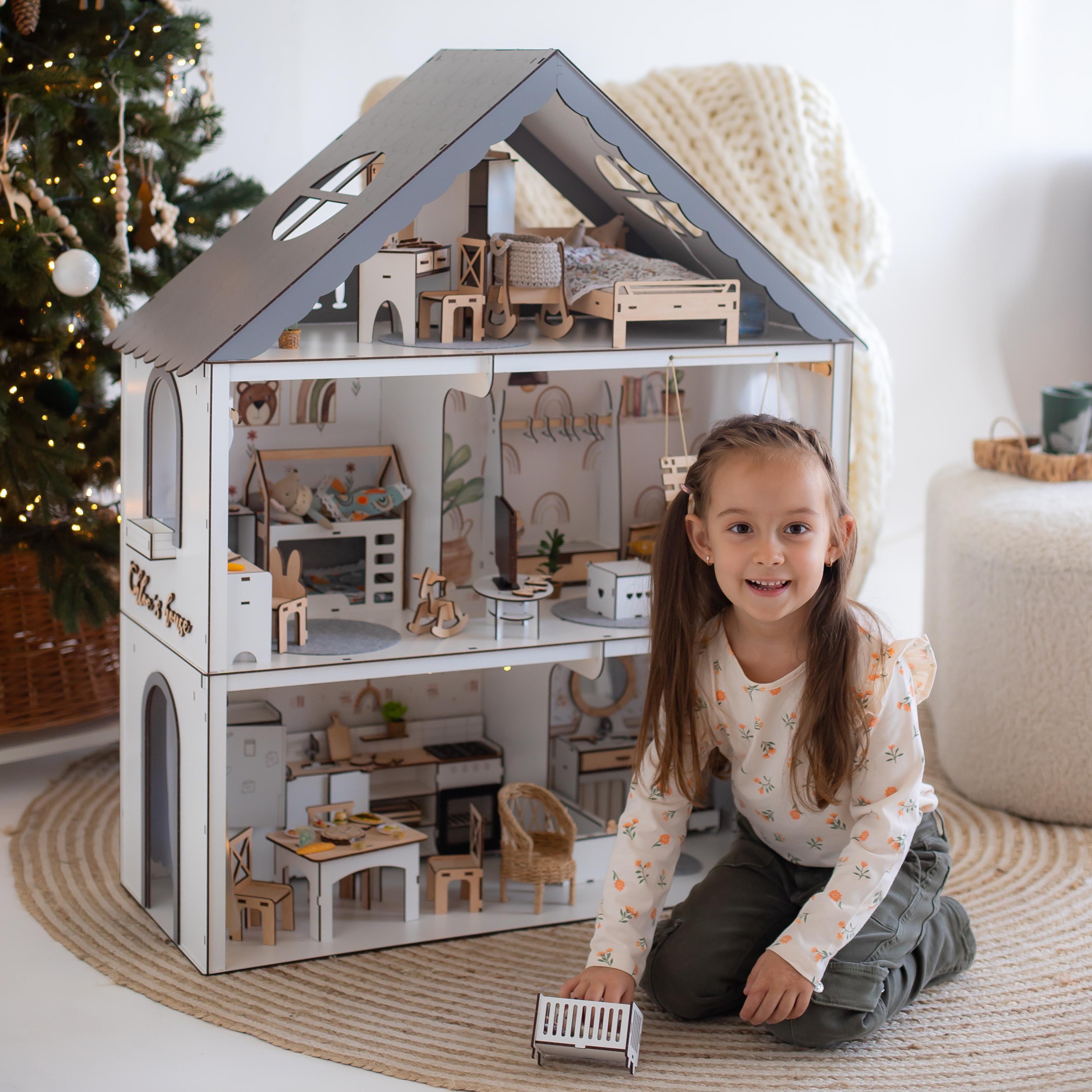 White Wooden Dollhouse, 5 Rooms, Eco-Friendly (Unassembled Kit