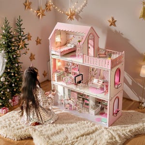 Handmade PINK Wooden Dollhouse - House of Nice | Perfect Christmas Gift for Kids - Educational Toy with Furniture & Textiles
