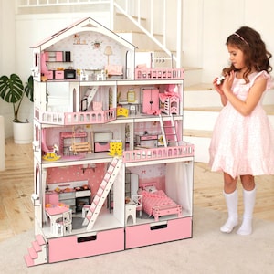 Three-Story Wooden Dollhouse with Furniture  Modern DIY Full Kit for Creative Play