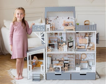 Big Gray Dollhouse with Terrace and Balcony - Includes Furnitures - Easter gift for kids