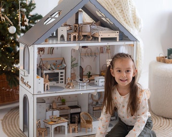 Whimsical Large Wooden Dollhouse with Loft and Swing - Perfect Christmas Gift for Girls