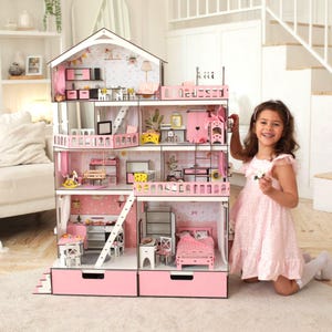 Wooden dollhouse , three-story doll house , modern doll house , doll house with furniture , full kit dollhouse , DIY doll house