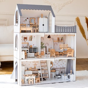 Large Wooden White Dollhouse, Swing and Balcony, Lovely Playhouse with Stairs and Ladder