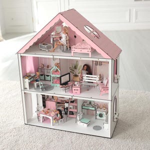 Wooden Pink Mini House Dolls House - Wooden Dollhouse for Kids with Furnitures - Perfect Tiny Wood Playhouse for Girls