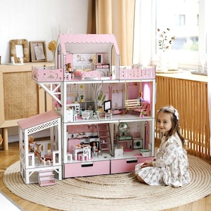 Dollhouse Kit, Pink Wooden Dollhouse, Large Dollhouse, Modern Doll House with Terrace Balcony, Dollhouse Christmas gift for a child