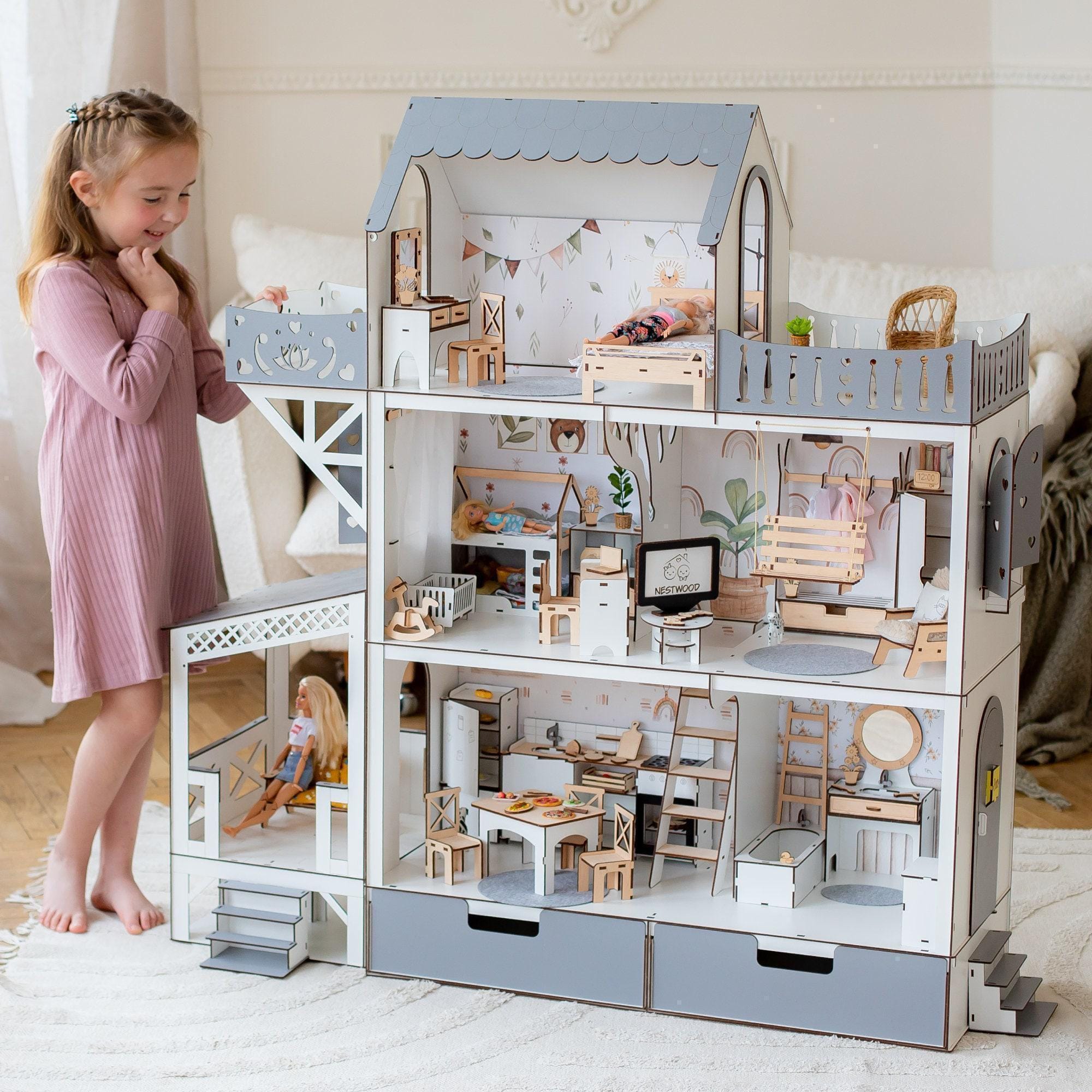 Adorable Big Gray Dollhouse With Terrace and Balcony - Doll House