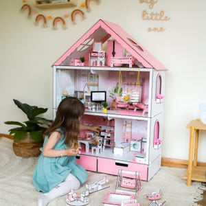 Cute Dollhouse with Windows  Swing - Ideal Christmas Gift for Kids Assembles Like 3D Puzzle Fits Popular Dolls