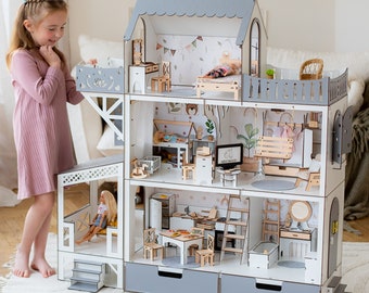 Entzückendes großes graues Puppenhaus mit Terrasse und Balkon – Puppenhaus für Kinder – perfektes Weihnachtsgeschenk für Mädchen