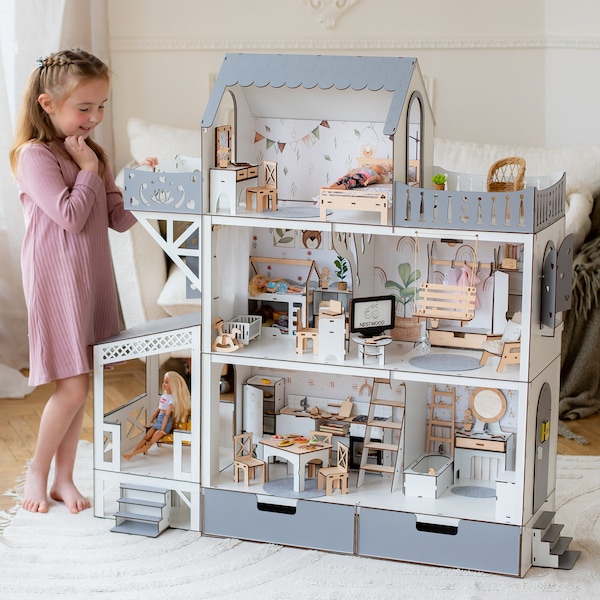 Adorable Big Gray Dollhouse with Terrace and Balcony - Doll House for Kids - Perfect Christmas Gift for Girls