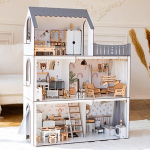 Customizable Wooden Dolls House for Kids with Furnitures, Tiny Wood Playhouse for Girls, Montessori Doll House, Christmas gift