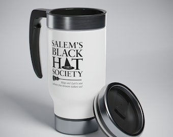 BORAH! Salem's Black Hat Society Stainless Steel Travel Mug with Handle, 14oz