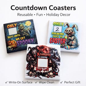 Countdown Magnet| Reusable Holiday Countdown | Halloween Easter Krampus Decor | Funny Spooky Gift | Write & Wipe Tile | Unique Gift Idea