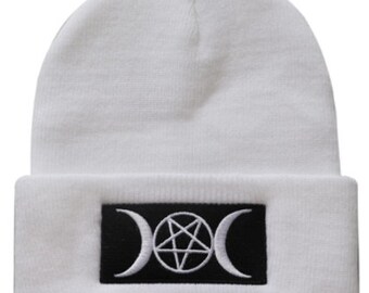 Triple Goddess Embroidered Winter Beanie Hat Black or White