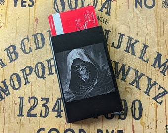 Engraved Aluminum Card Holder Wallet - Skull in Shroud