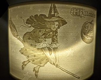 Vintage Halloween Postcard a Witch Riding Her Broom Under a Pumpkin Moon Nightlight 3d Printed Lithophane