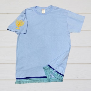 Men&#39;s Israelite T-shirts with MATCHING Fringes Embroidered MENORAH on Sleeve, T-shirt with fringes, fringes, Hebrew Israelite garments
