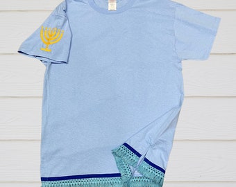 Men's Israelite T-shirts with MATCHING Fringes Embroidered MENORAH on Sleeve, T-shirt with fringes, fringes, Hebrew Israelite garments