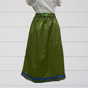 Olive Green- Israelite women’s Skirt with Fringes and blue border, Hebrew Israelite clothes, fringed garments, fringes, clothes with fringes