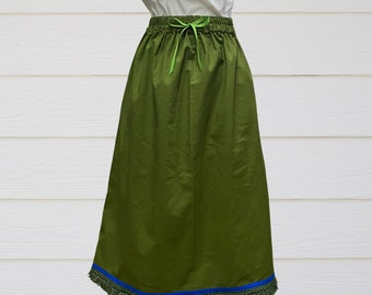 Olive Green- Israelite women’s Skirt with Fringes and blue border, Hebrew Israelite clothes, fringed garments, fringes, clothes with fringes