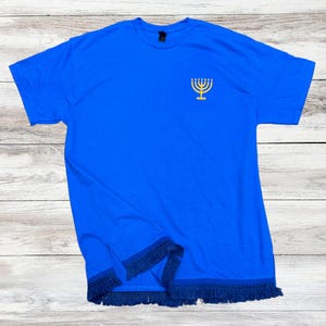 Men&#39;s Israelite T-shirts with MATCHING Fringes Embroidered MENORAH on left chest , T-shirt with fringes, fringes, Hebrew Israelite