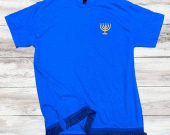 Men's Israelite T-shirts with MATCHING Fringes, Embroidered MENORAH on left chest , T-shirt with Fringes, Fringes, Hebrew Israelite, Fringed