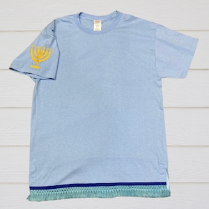 Hebrew YOUTH T-shirt with fringes,Embroidered menorah on sleeve, fringed T-shirt, Hebrew Israelite garments, clothes with fringes,fringes