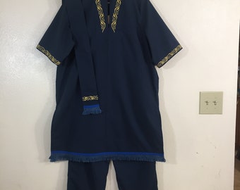 May include: A dark blue tunic with gold embroidery and a matching pair of pants. The tunic has a V-neck and short sleeves. The pants have a straight leg.