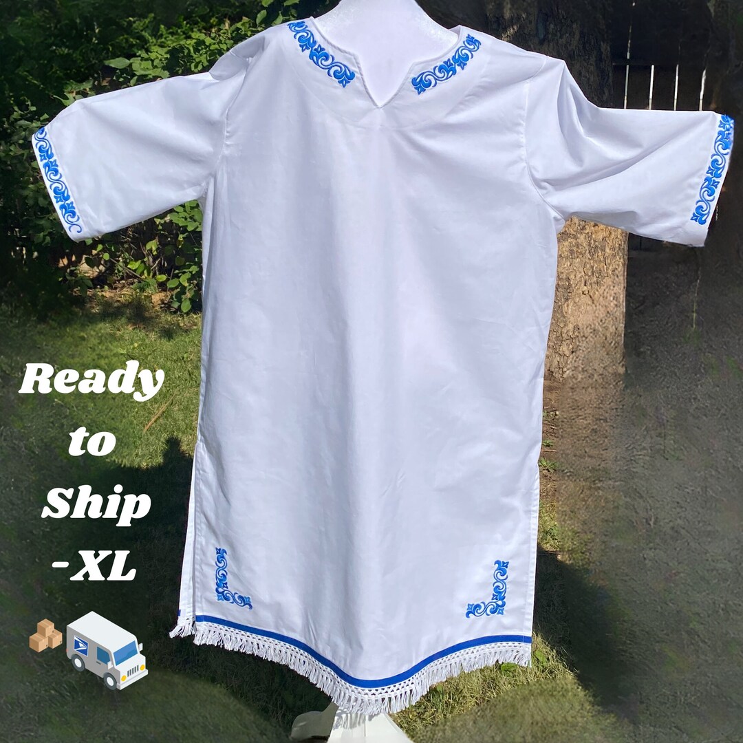 White Hebrew Tunic With Royal Blue Embroidery, Fringes and Royal Blue