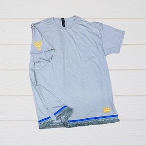 Men&#39;s Israelite T-Shirts with Fringes Embroidered  Gold Crown & MENORAH,T-shirt with fringes,fringes,Hebrew Israelite garments,new colors