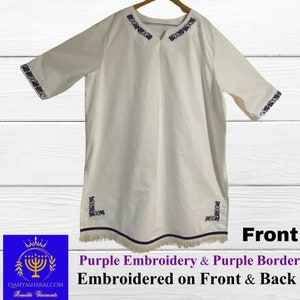 White Hebrew tunic with fringes, VIOLET PURPLE Embroidery, white tunic and pants, tunic set, head wrap Israelite garment, Tunic with fringes