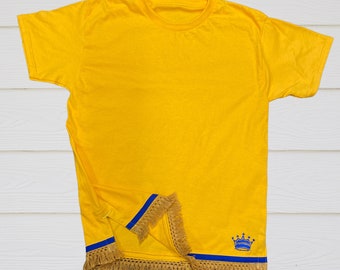 Men's Israelite T-Shirts with MATCHING Fringes Embroidered  Gold Crown, T-shirt with fringes,fringes, Hebrew Israelite garments with fringes